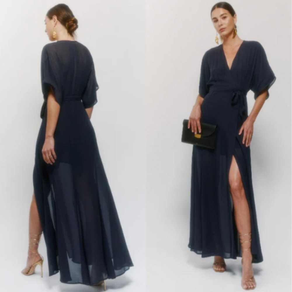 Reformation Winslow Wrap Dress in Navy Blue